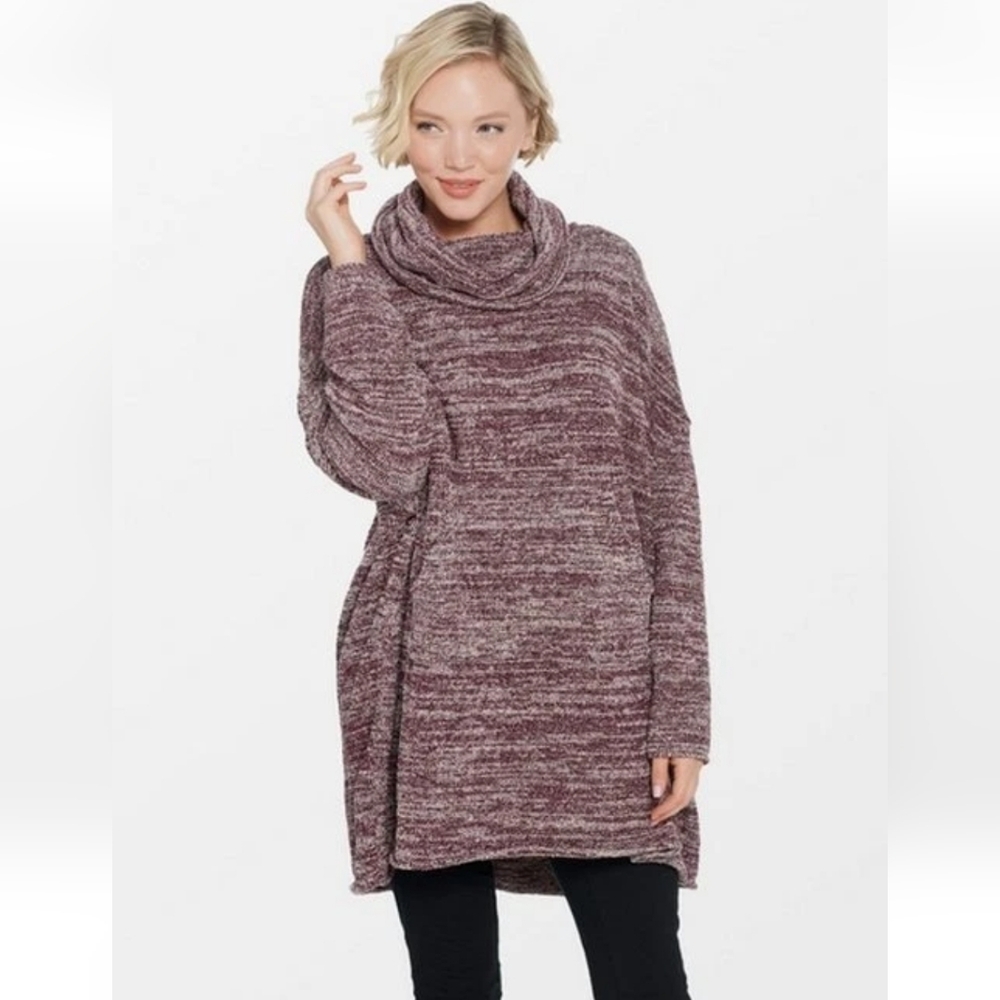 Barefoot Dreams CozyChic Funnel Neck Pullover O/S Heathered Burgundy Lounge